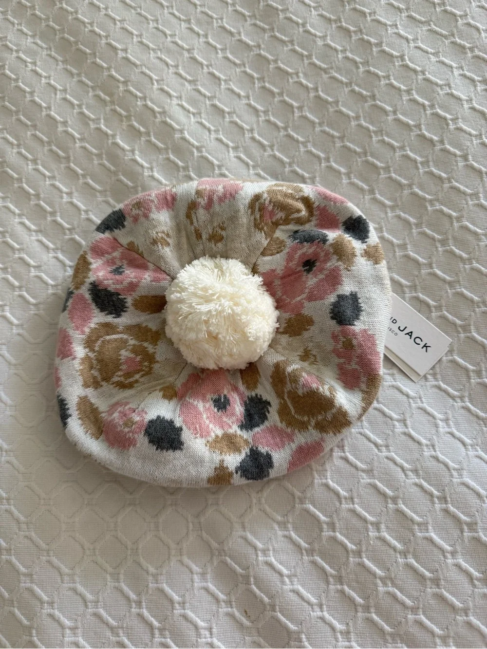 Janie & Jack: Children's Floral Pom Beanie - Pink, Cream & Tan